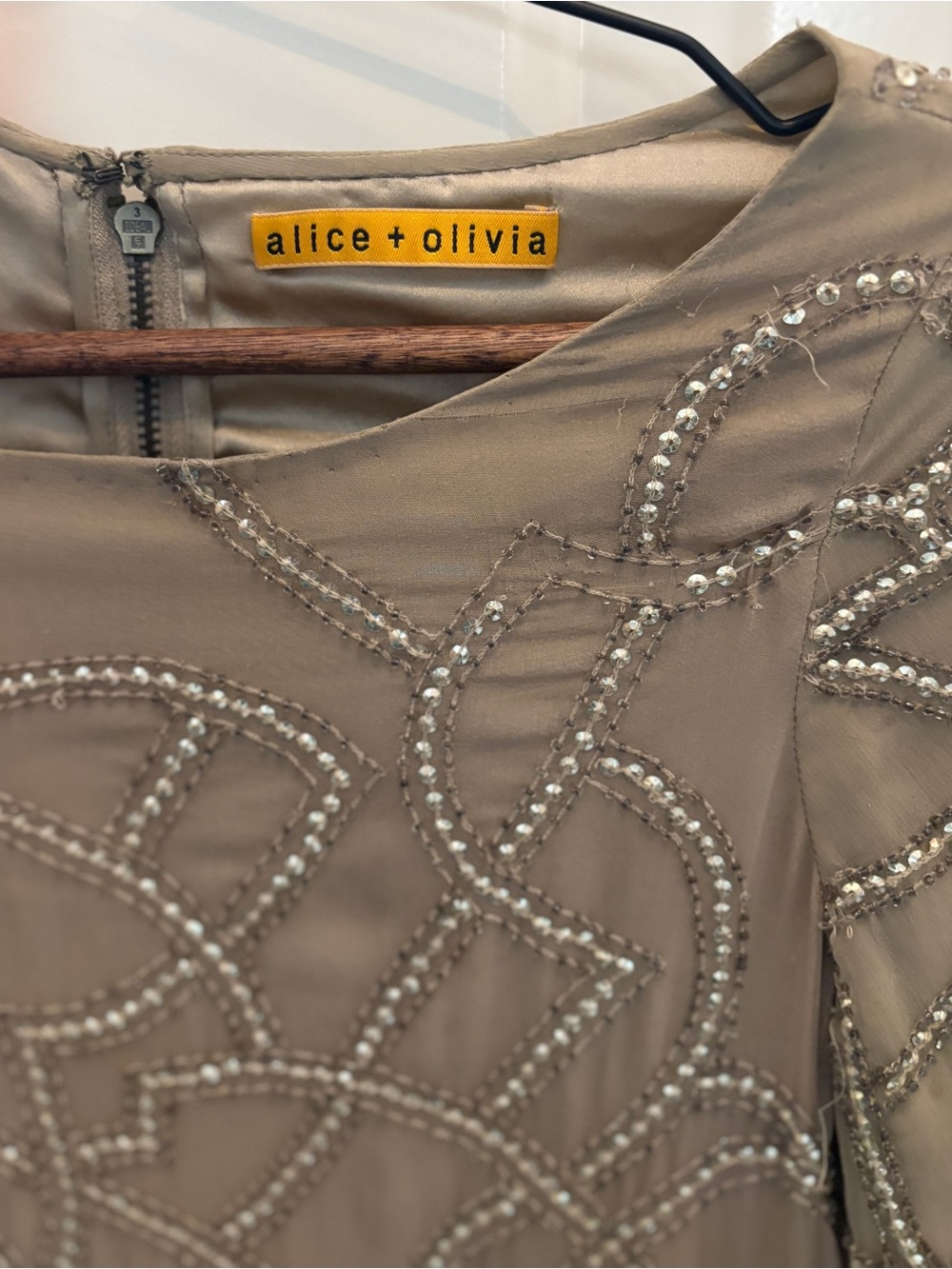 Alice + Olivia Beaded Silk Mini Dress Champagne Taupe Long Sleeve XS FLAWED AsIs